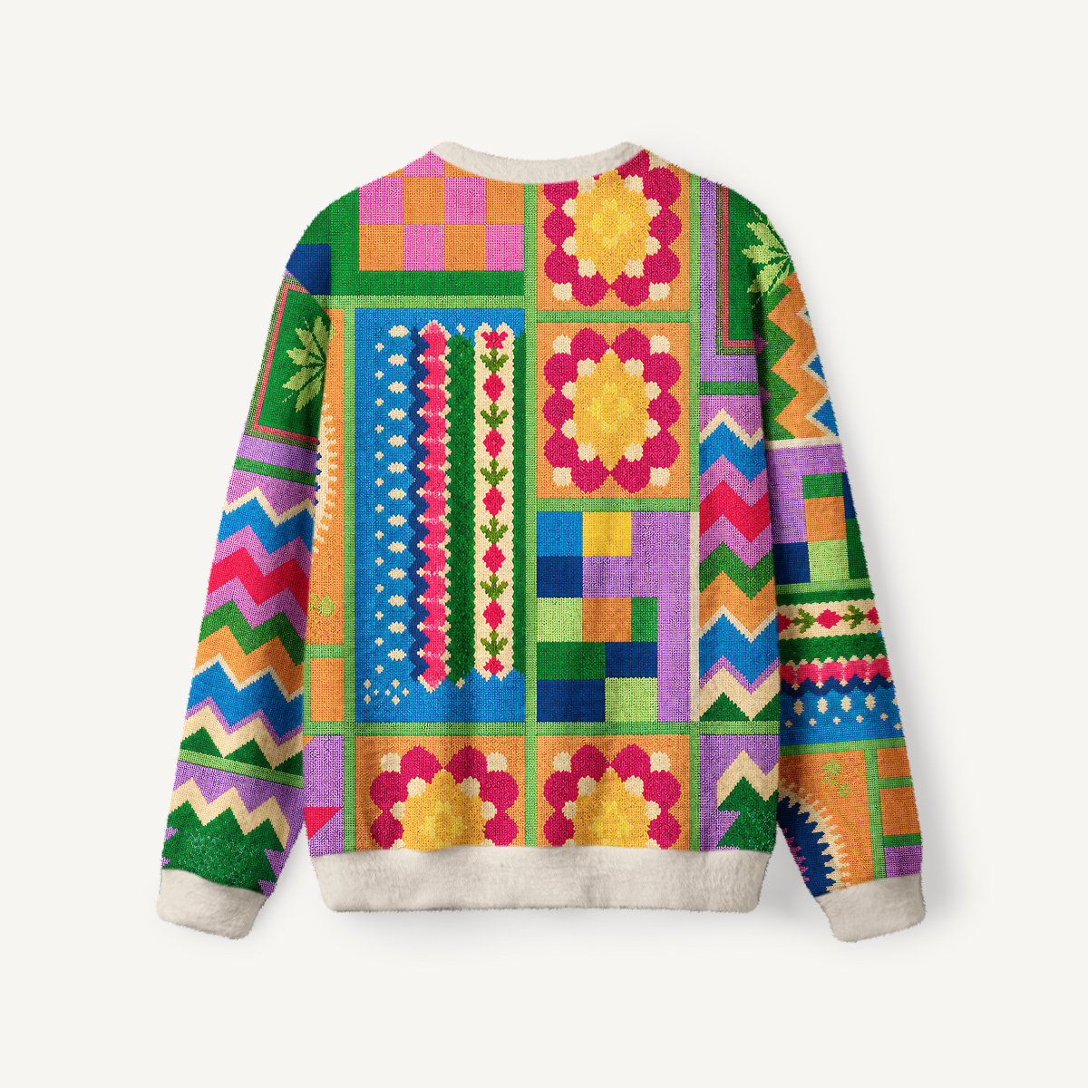 Colorful Geometric Patchwork Print Fuzzy Crewneck Sweater