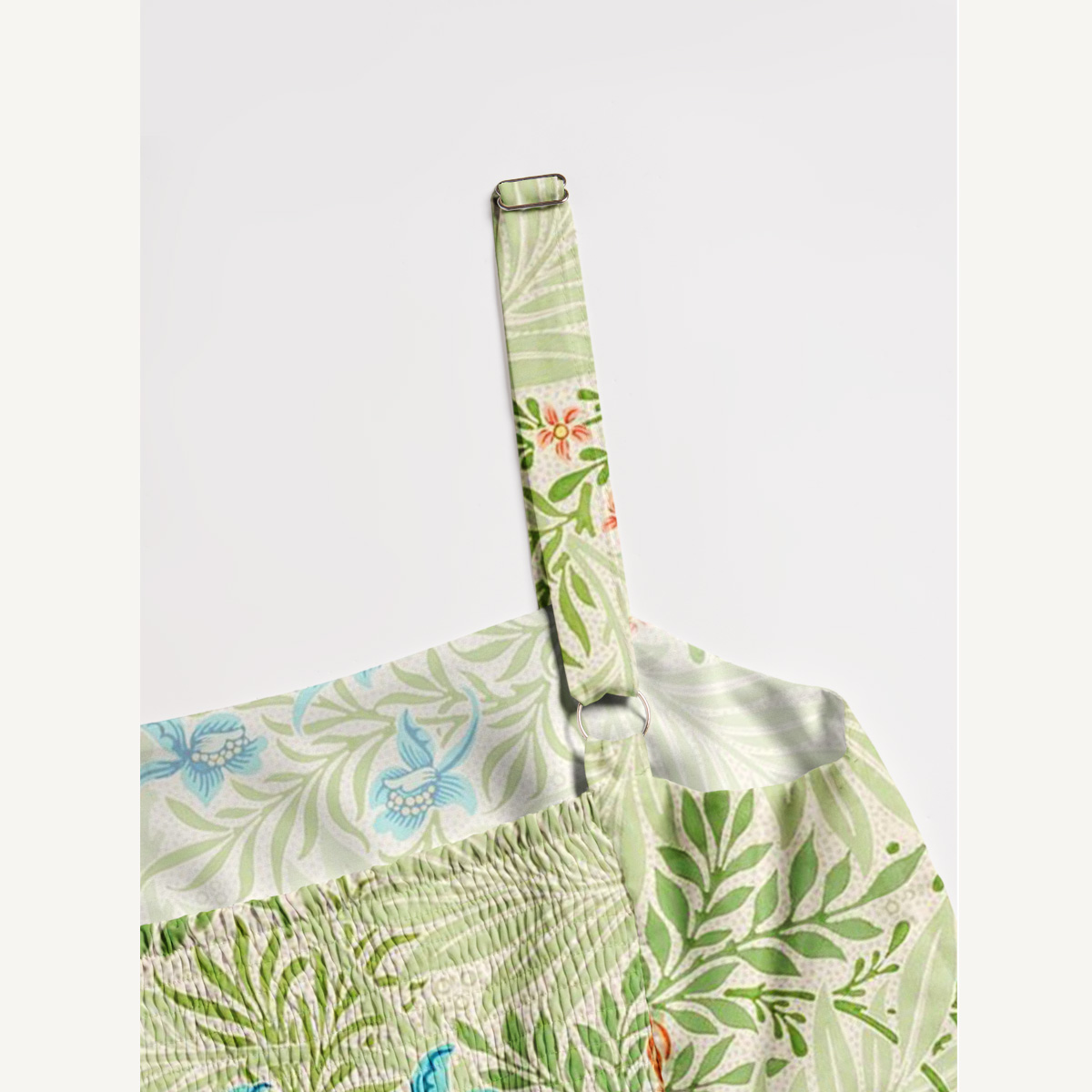 Green Foliage with Bluebirds & Peony Blossoms Print Quilt Wide Straps Maxi Dress With Pockets