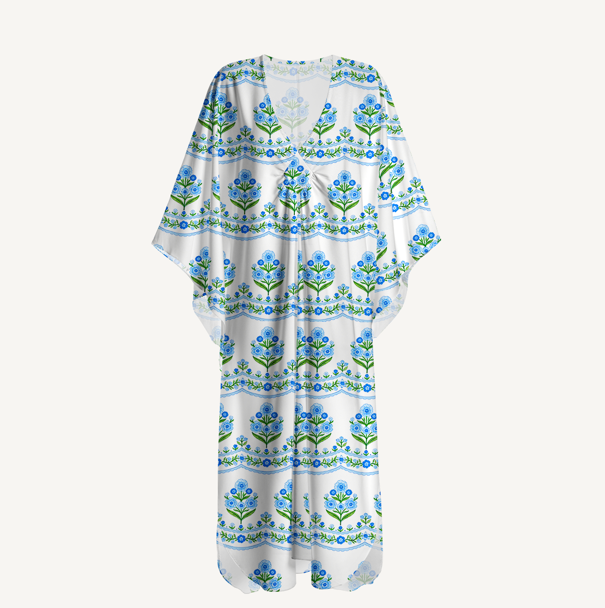  V‑Neck Azure Folk Kimono Sleeve Kaftan Dress