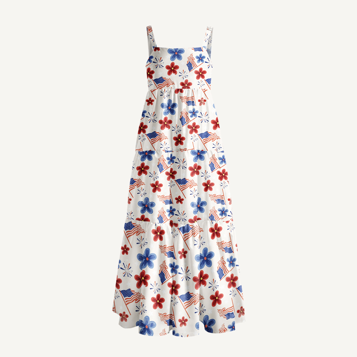 Patriotic Blossom Flag Print Quilt Wide Straps Maxi Dress With Pockets