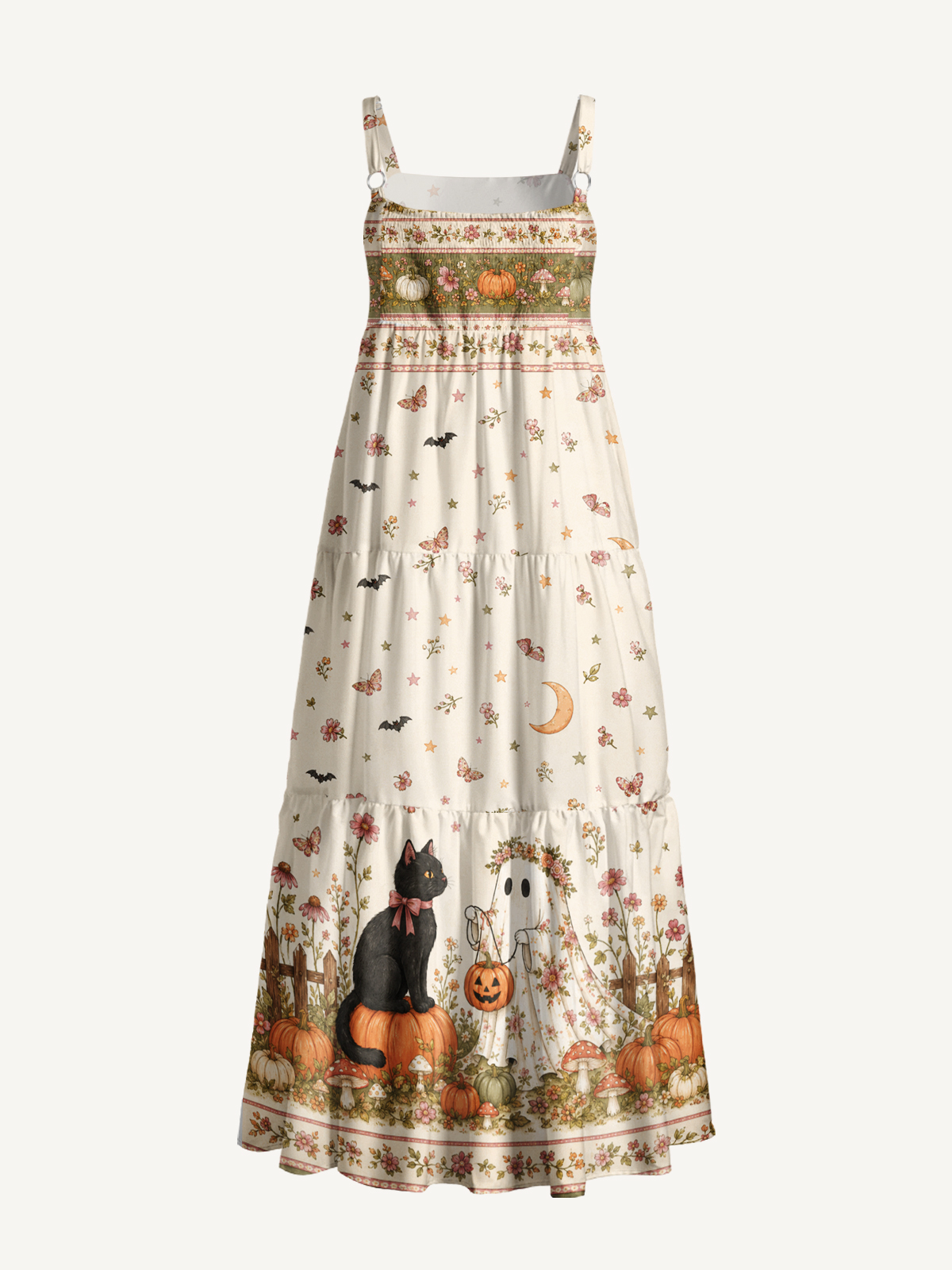 Garden Pumpkin Cat & Ghost Print Wide Straps Maxi Dress With Pockets