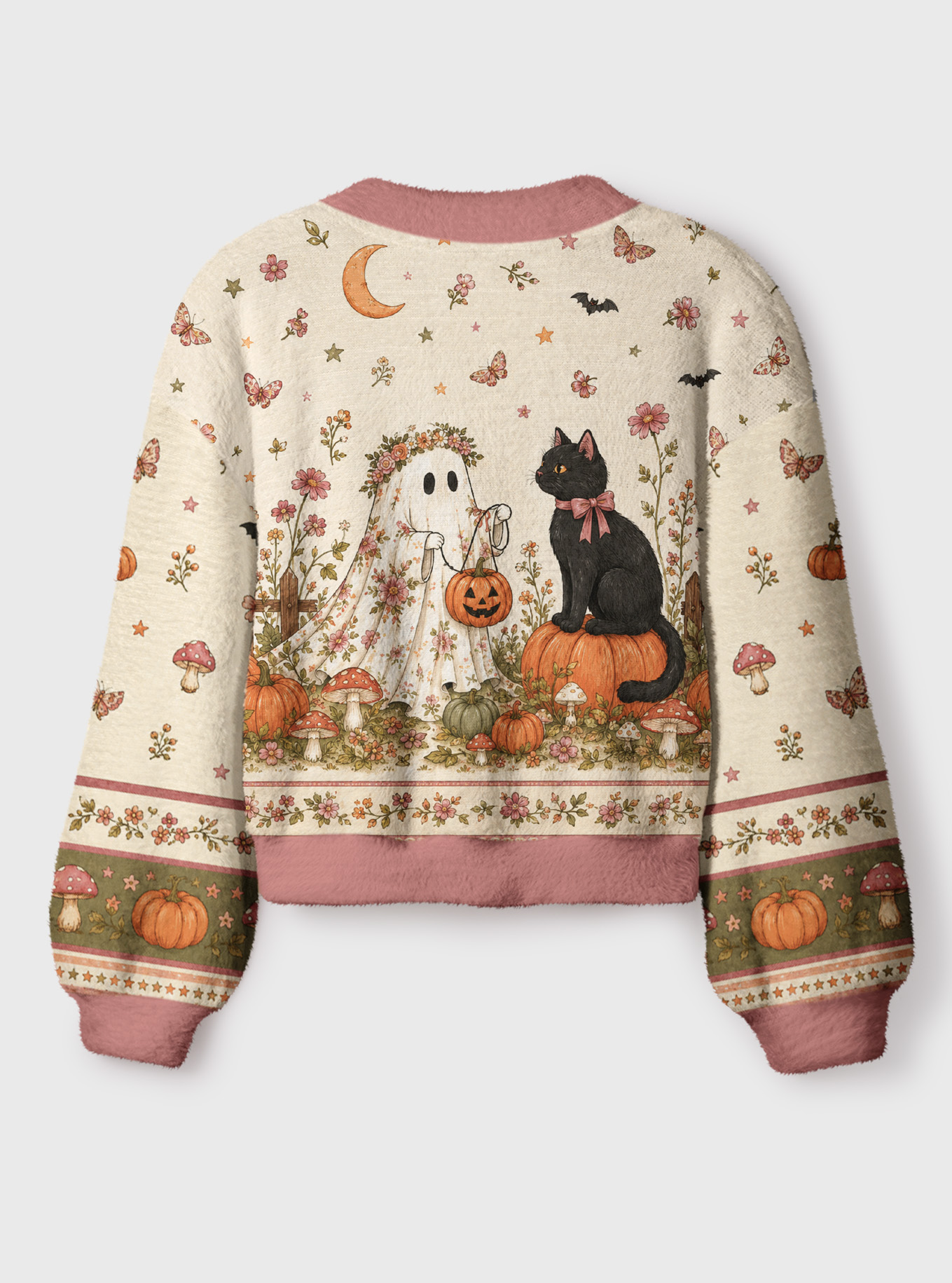Garden Pumpkin Cat & Ghost Print Women's Fitted Cardigan Sweaters