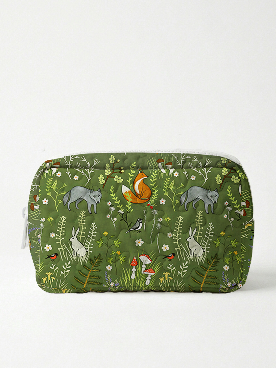 Whimsical Woodland Animals Print Cloud Quilted Cosmetic Pouch
