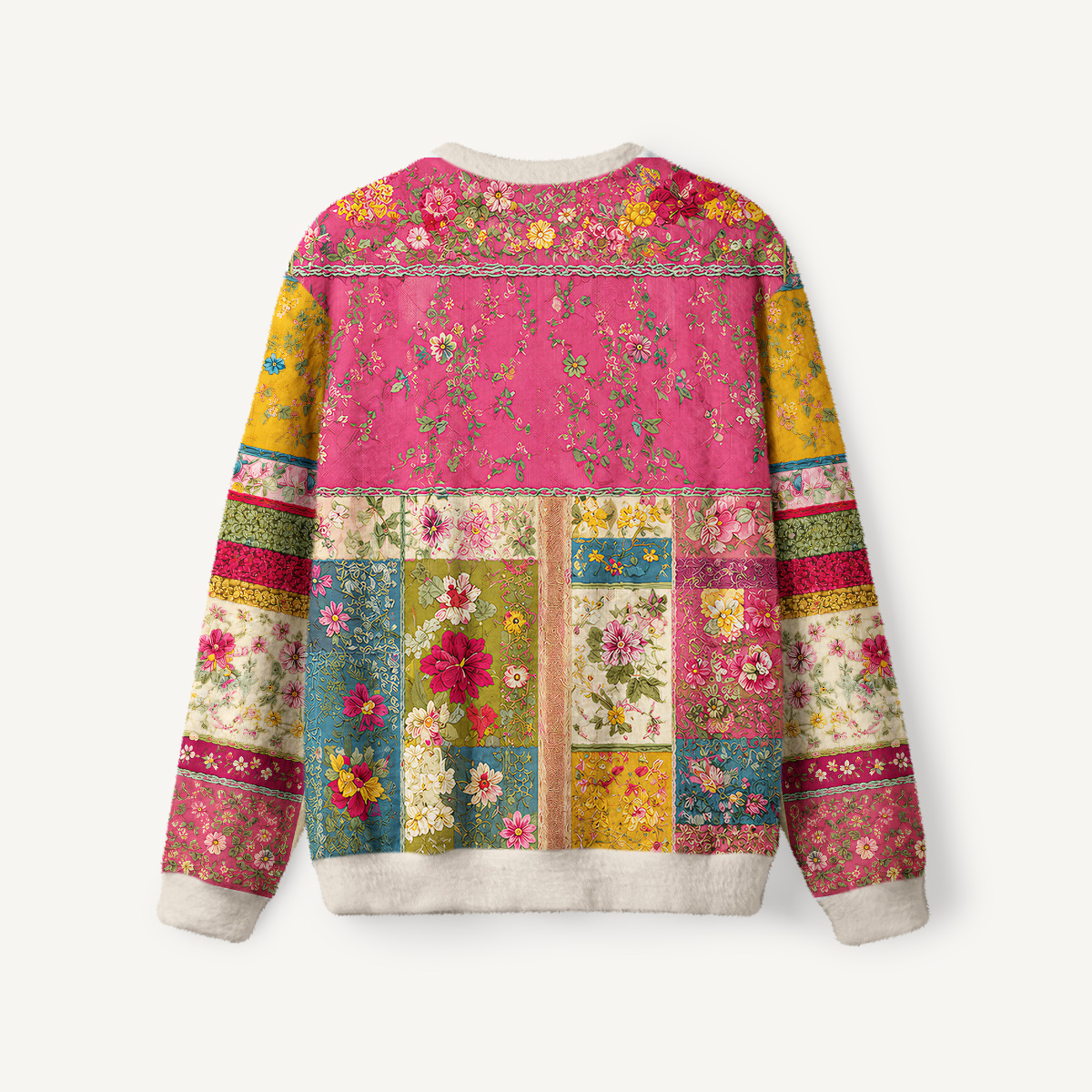 Vibrant Floral Patchwork Fuzzy Crewneck Sweater