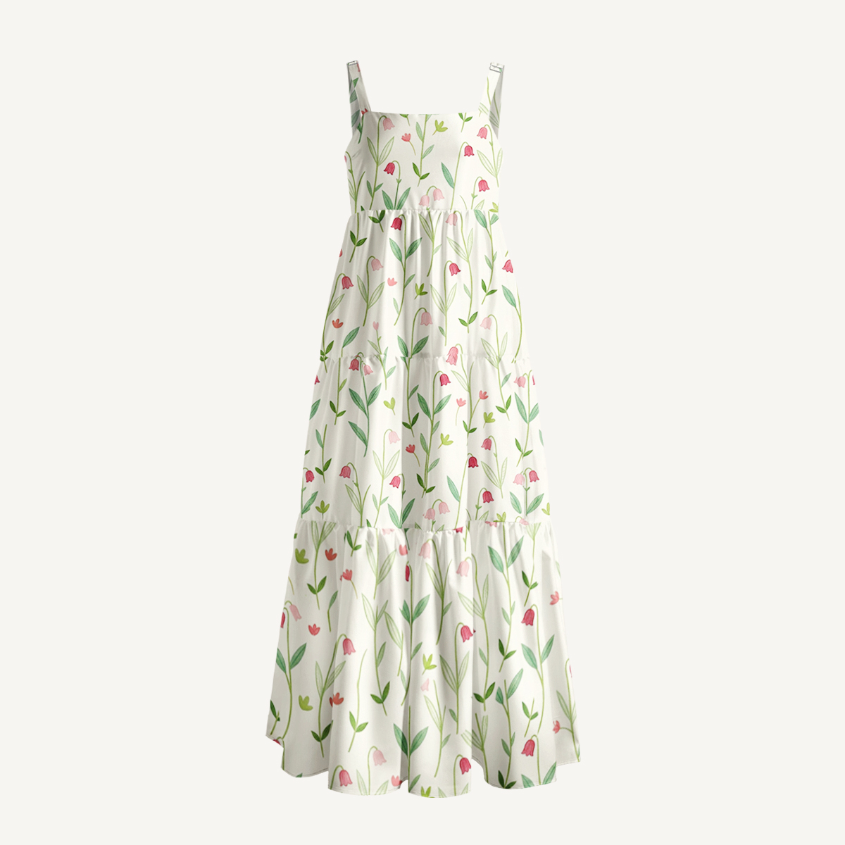 Pastel Tulip Garden Print Quilt Wide Straps Maxi Dress With Pockets