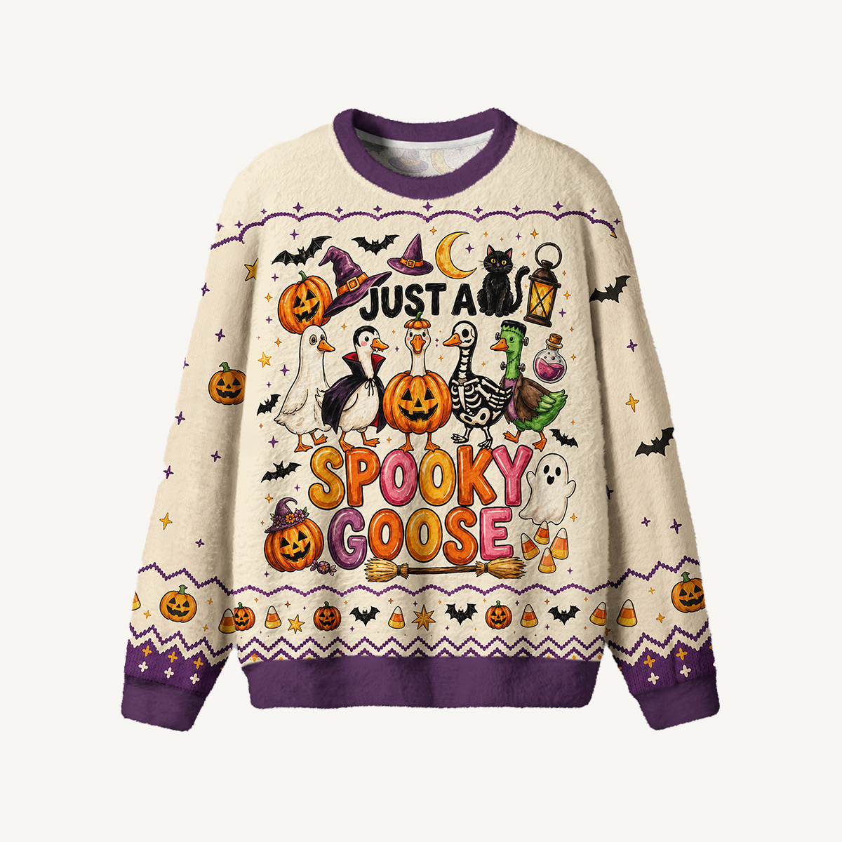 Spooky Goose Halloween Parade Print Fuzzy Crewneck Sweater
