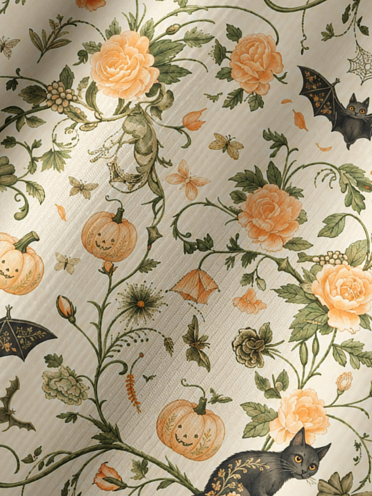 Pastoral Pumpkin Cat Print Boho Long Sleeve Tie‑Neck Blouse