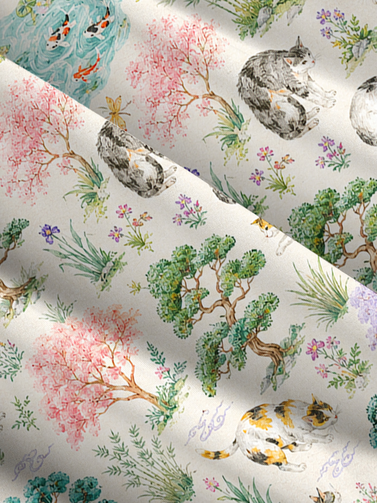 Cats in a Tranquil Garden Pond Scene Print Wide Straps Maxi Dress With Pockets