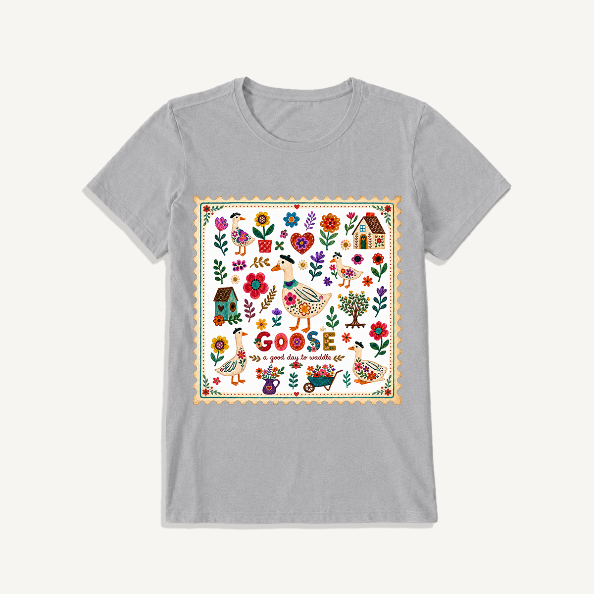 Floral Goose Garden Print Crew Neck Cotton Tee