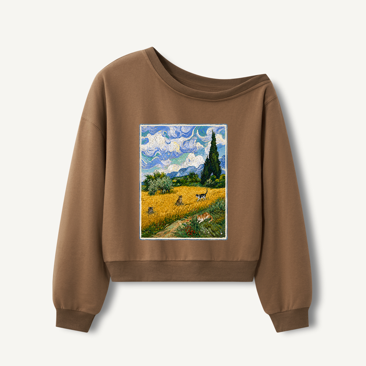 Starry Cat Meadow Print Off Shoulder Sweatshirts 