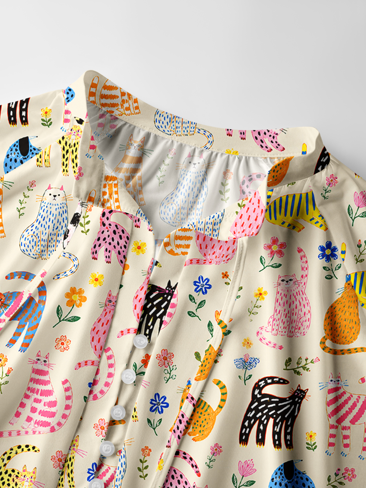 Colorful Whimsical Garden Cats Pattern Print Boho Long Sleeve Tie‑Neck Blouse