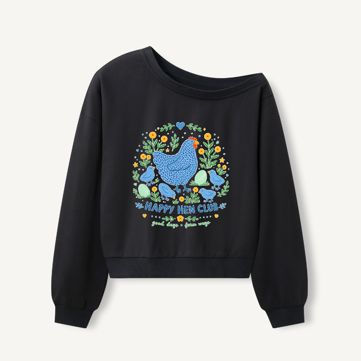 Blue Hen and Chicks Garden Print Off Shoulder Sweatshirts 