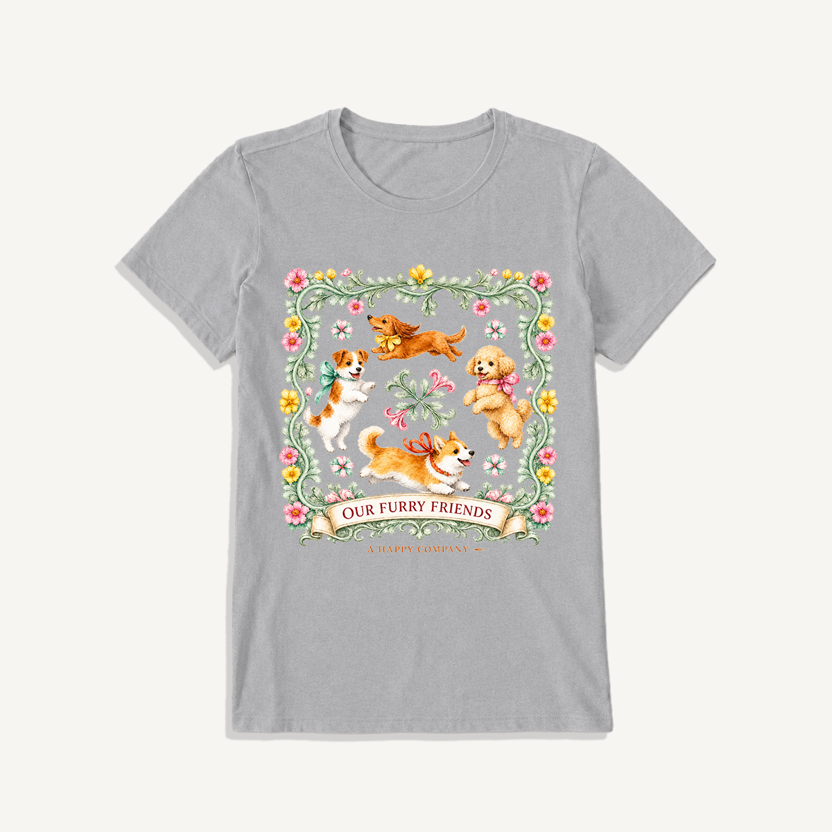 Playful Furry Friends Print Crew Neck Cotton Tee