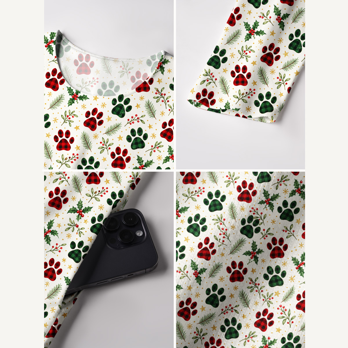 Merry Christmas Cat Paws Print Soft-Touch Stretch Knit Long Sleeve Maxi Dress with Pockets