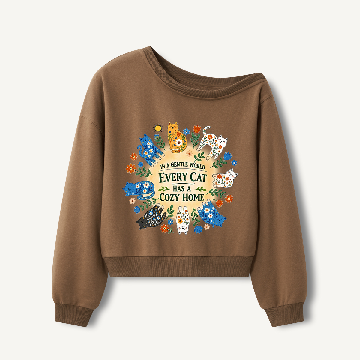 Floral Cats Cozy Home Print Off Shoulder Sweatshirts 