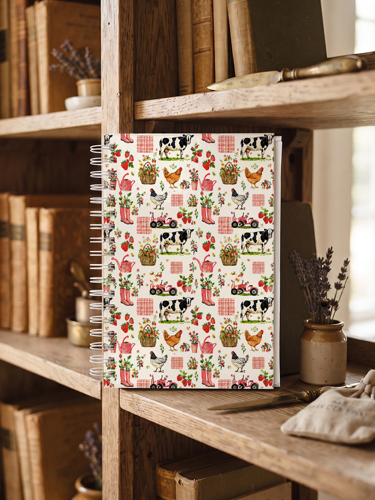 Watercolor Pink Farm Chicken Cow Print A5 Spiral Notebook 