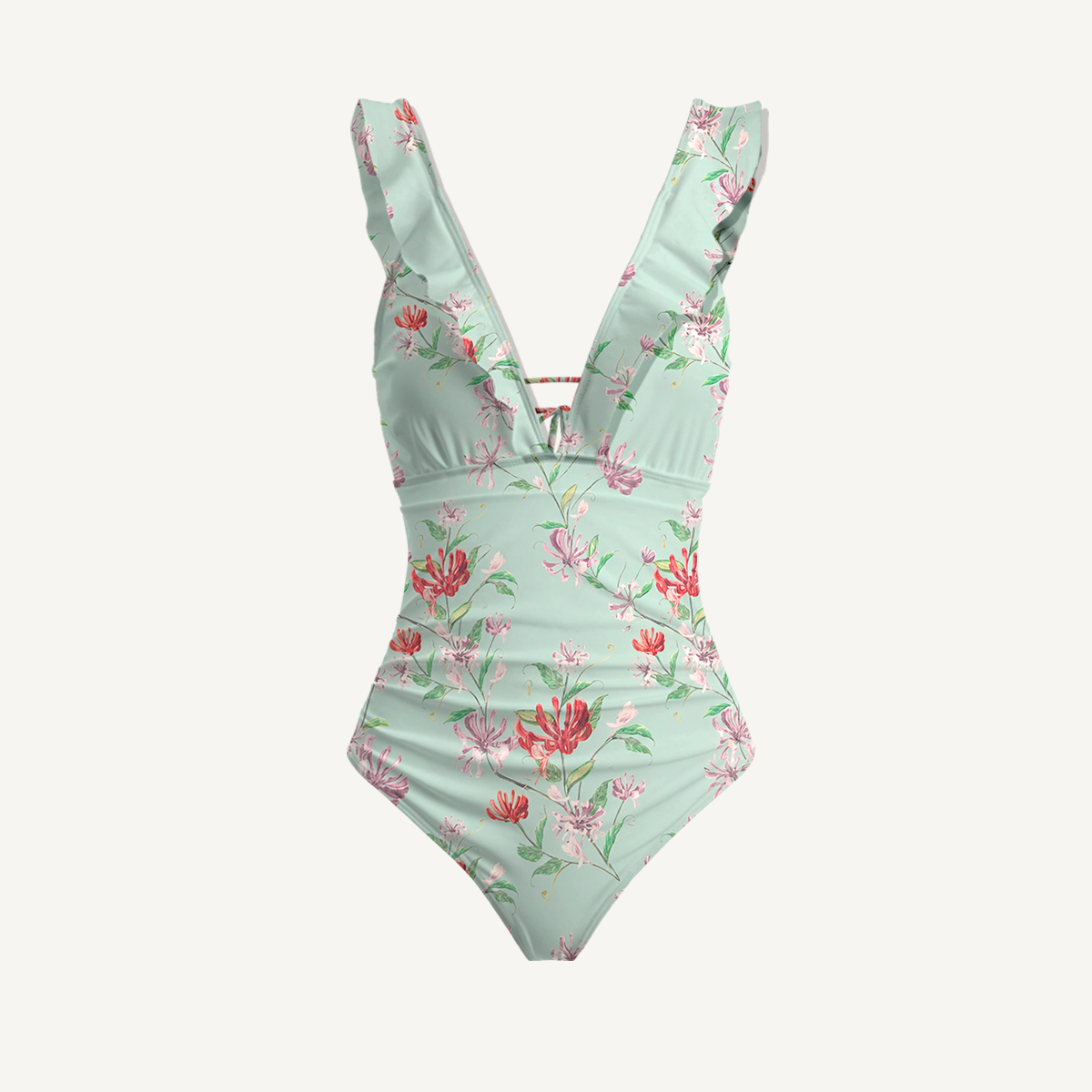 Mint Honeysuckle Ruffled V Neck One Piece Swimsuit and Matching Midi Skirt Set