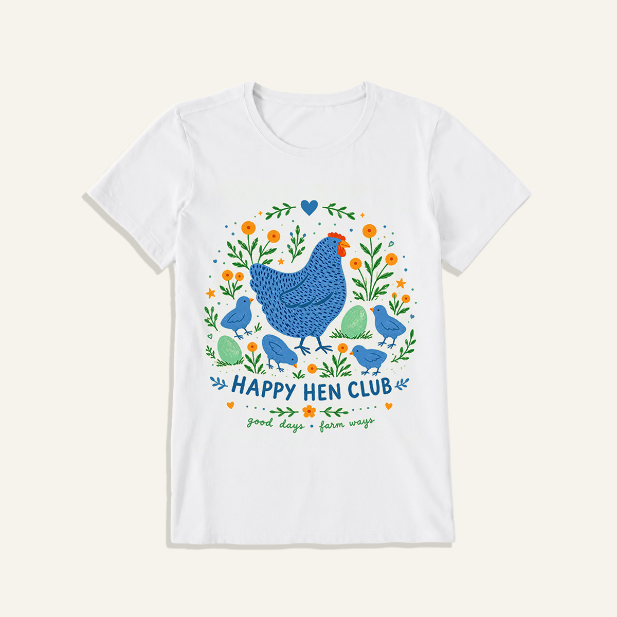 Blue Hen and Chicks Garden Print Crew Neck Cotton Tee