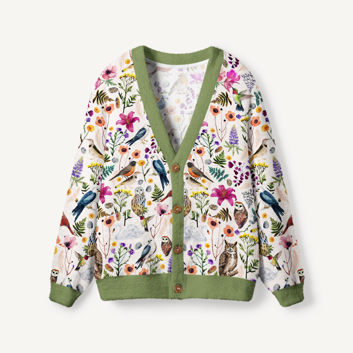 Whimsical Woodland Birds Wildflowers Print Cardigan Sweaters