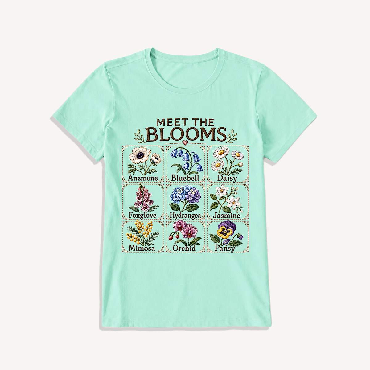 Meet the Blooms Embroidery Chart Print Crew Neck Cotton Tee