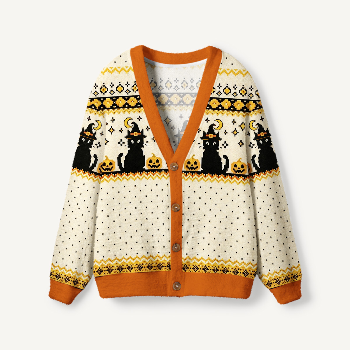  Witchy Black Cat & Pumpkin Halloween Print Ugly Cardigan Sweaters