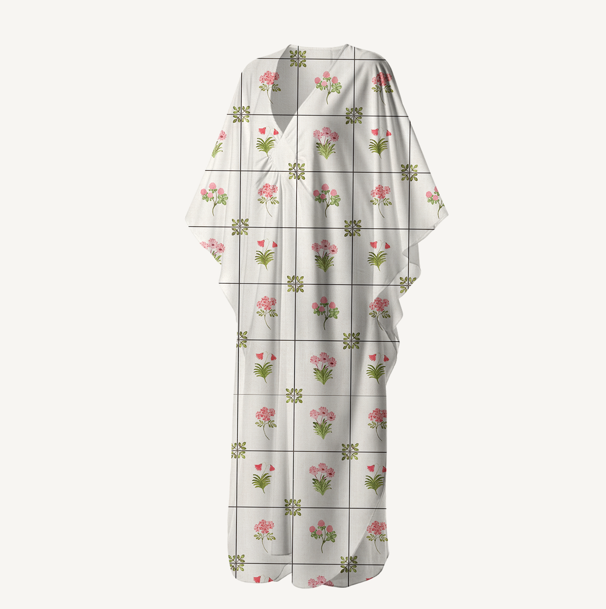  V‑Neck Meadow Tile Bloom Kimono Sleeve Kaftan Dress