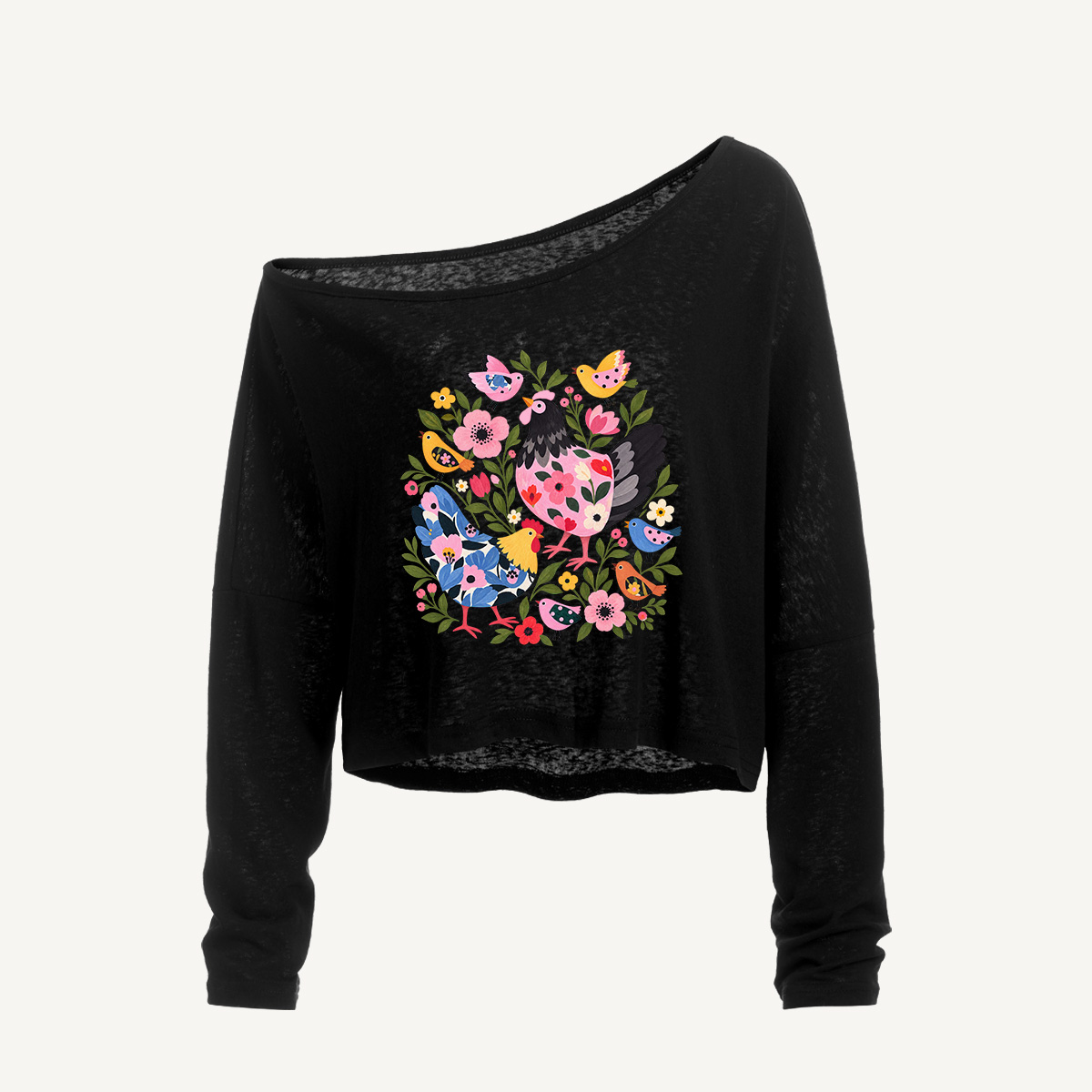 Folk Art Springtime Fleet Long Sleeve Off Shoulder T-shirt