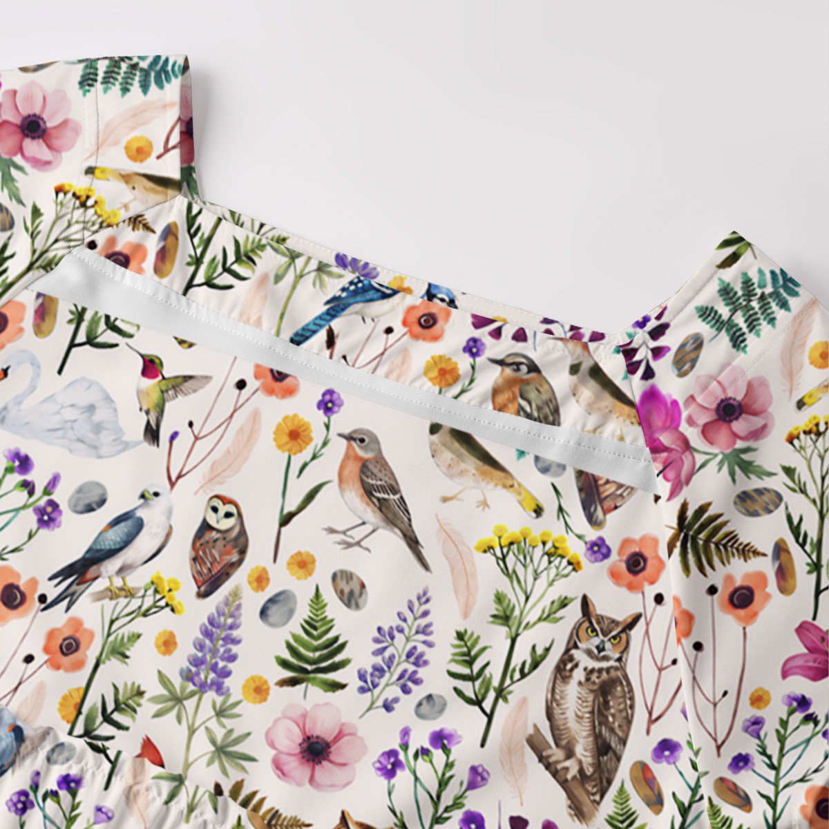 Whimsical Woodland Birds Wildflowers Square Neckline Cap Sleeve Maxi Dress