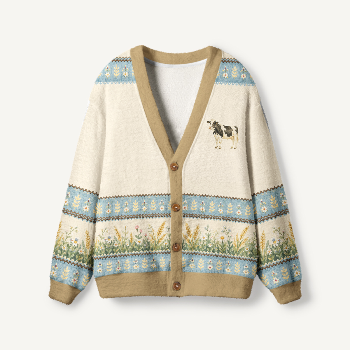 Cream Countryside Cow Border Print Halloween Ugly Cardigan Sweaters