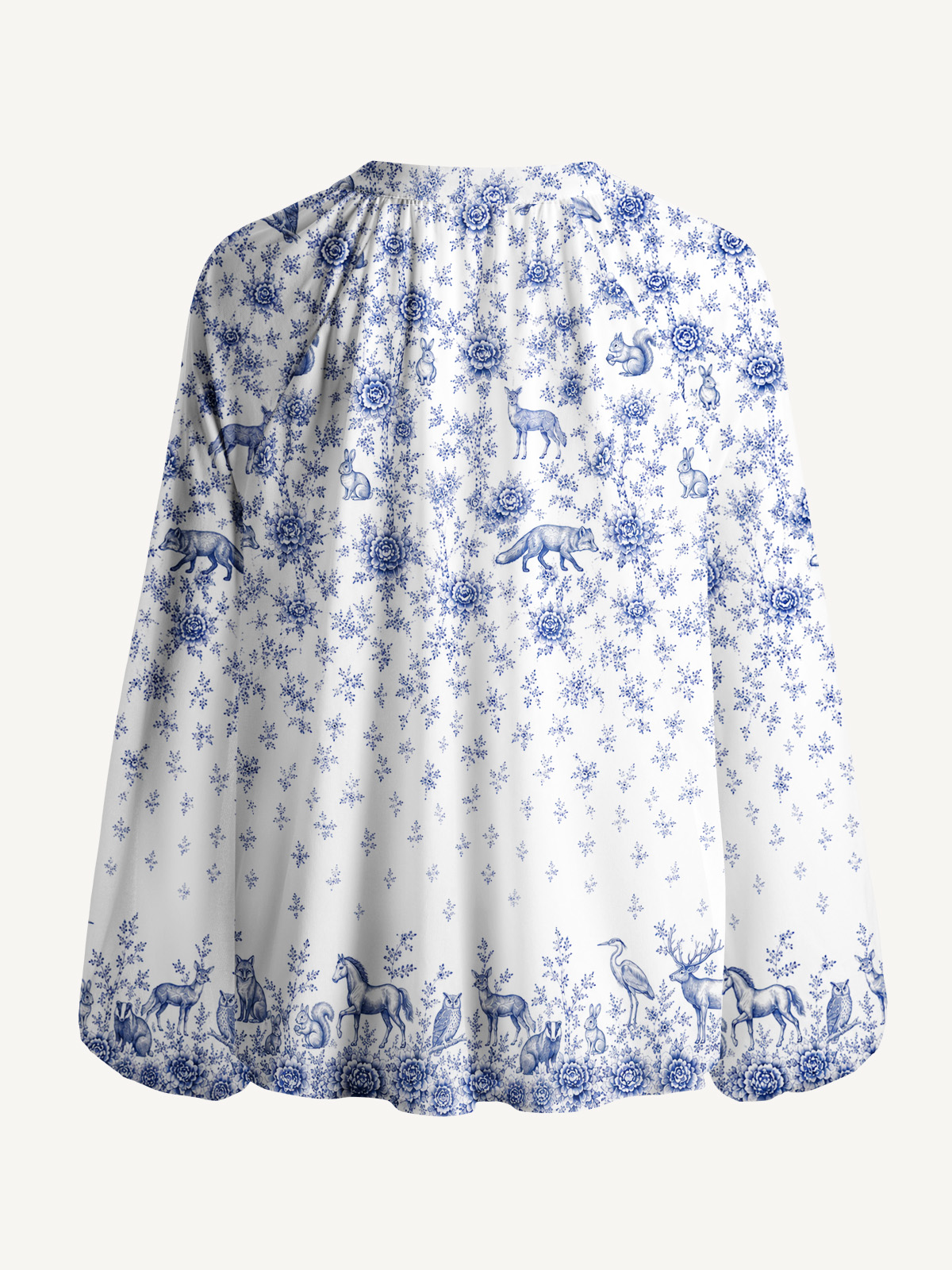 Delft Blue Woodland Story Print Boho Long Sleeve Tie‑Neck Blouse