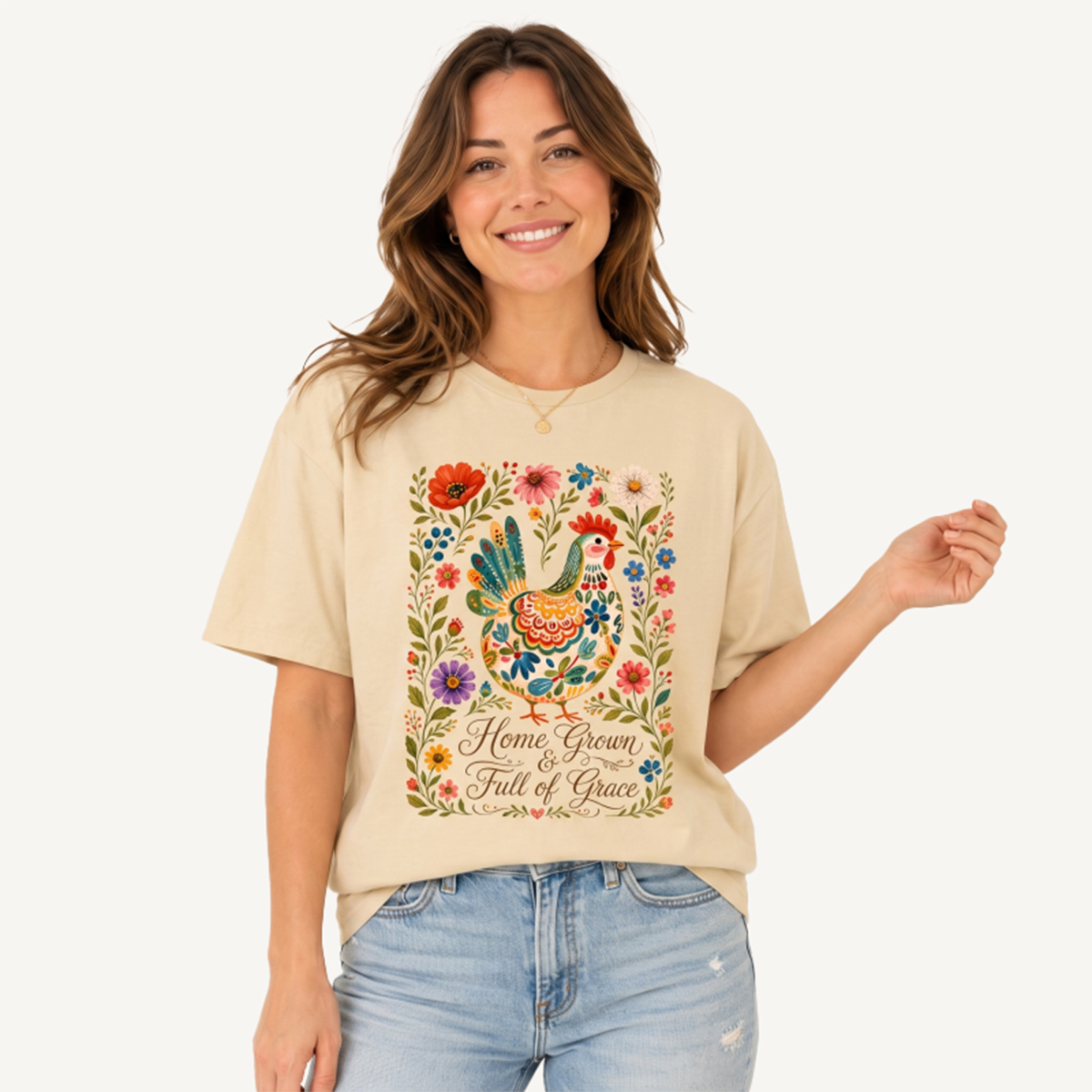 Vintage Hen Breed Guide Print Crew Neck Cotton Tee