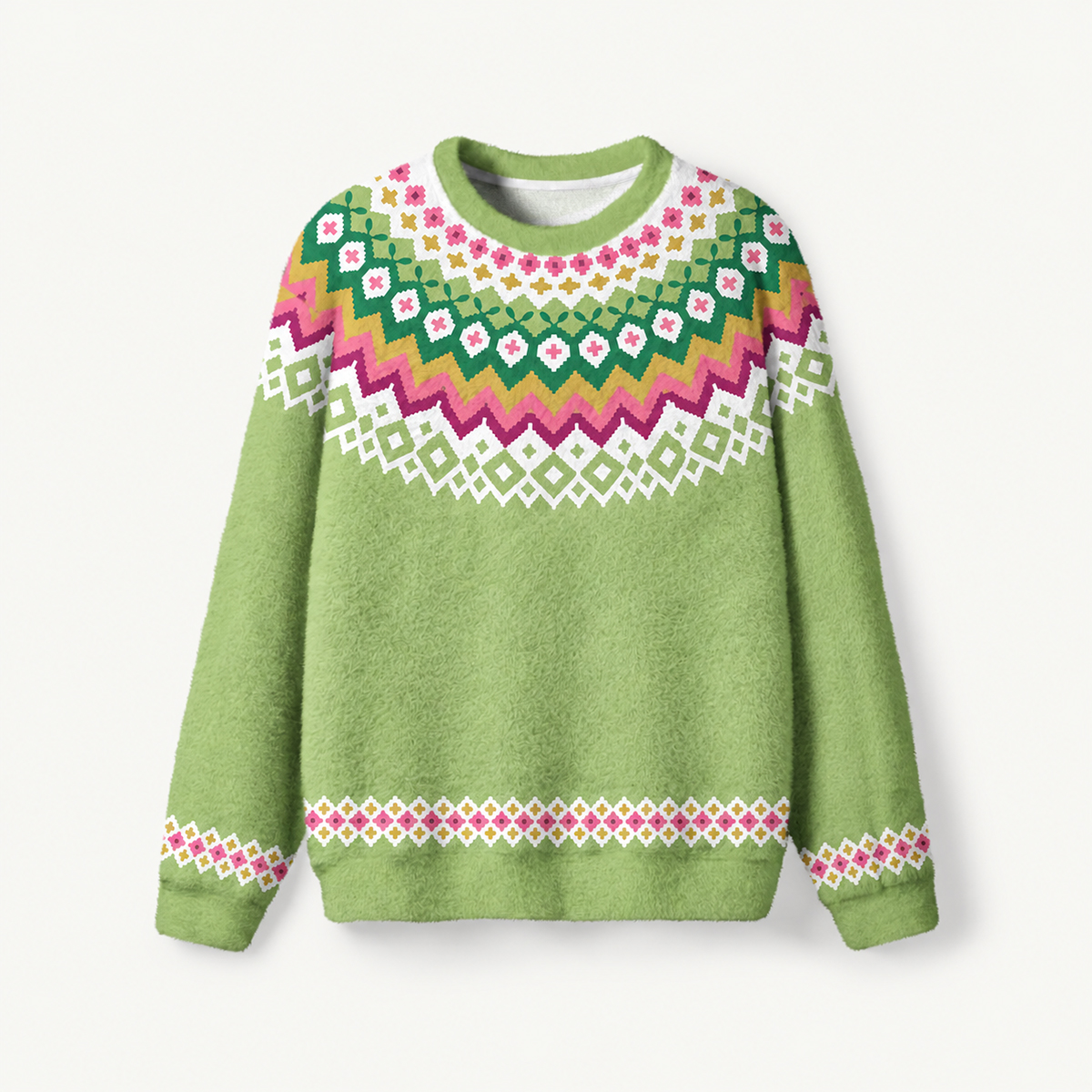 Spring Meadow Floral Geometric Fuzzy Crewneck Sweater
