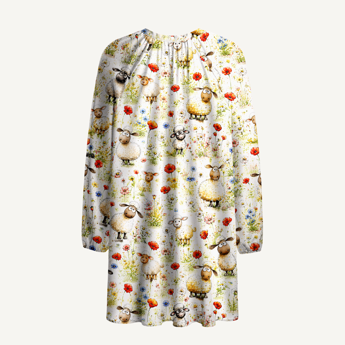 Whimsical Sheep Clipart Print Boho Tie‑Neck Smock Mini Dress