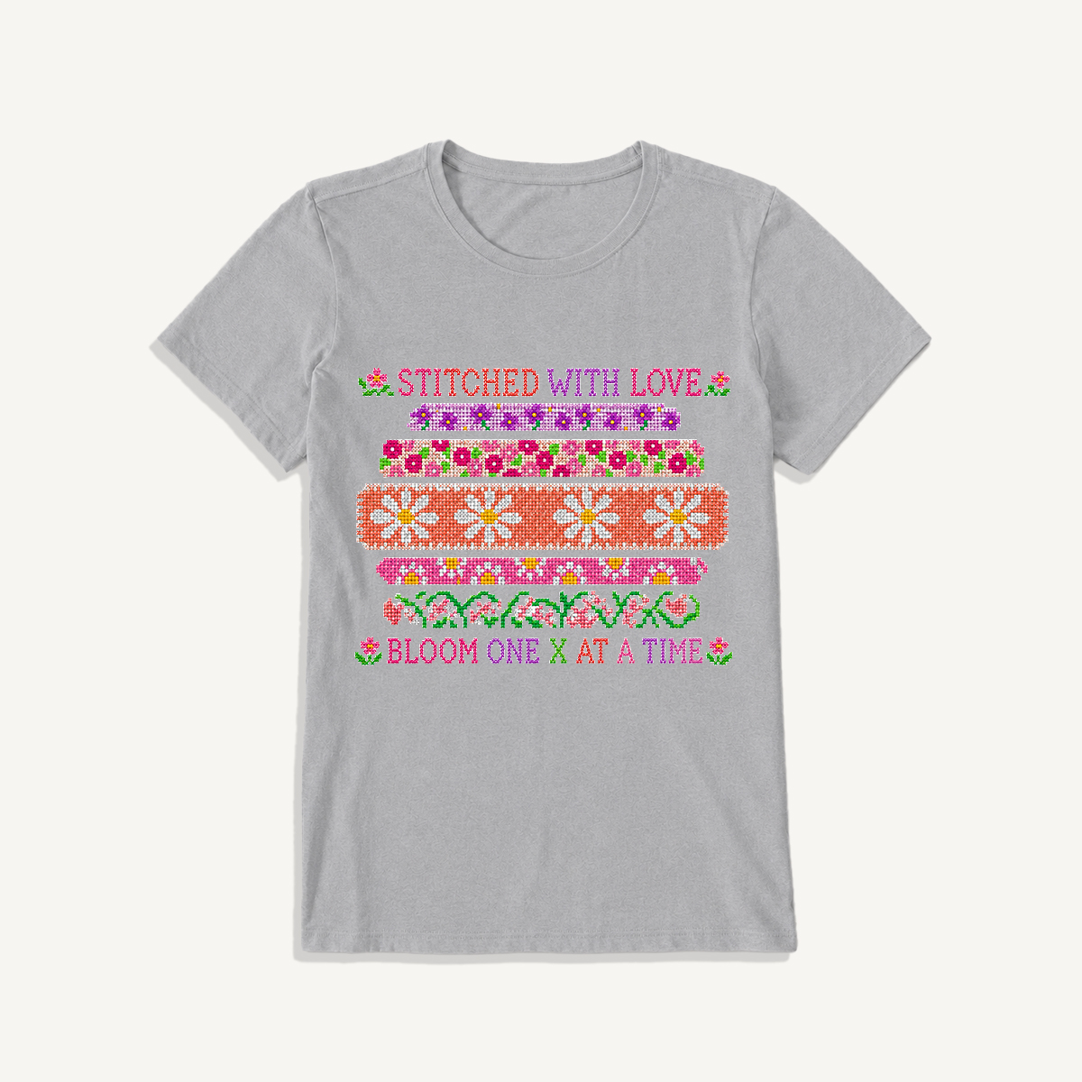 Floral Cross-Stitch Sampler Print Crew Neck Cotton Tee