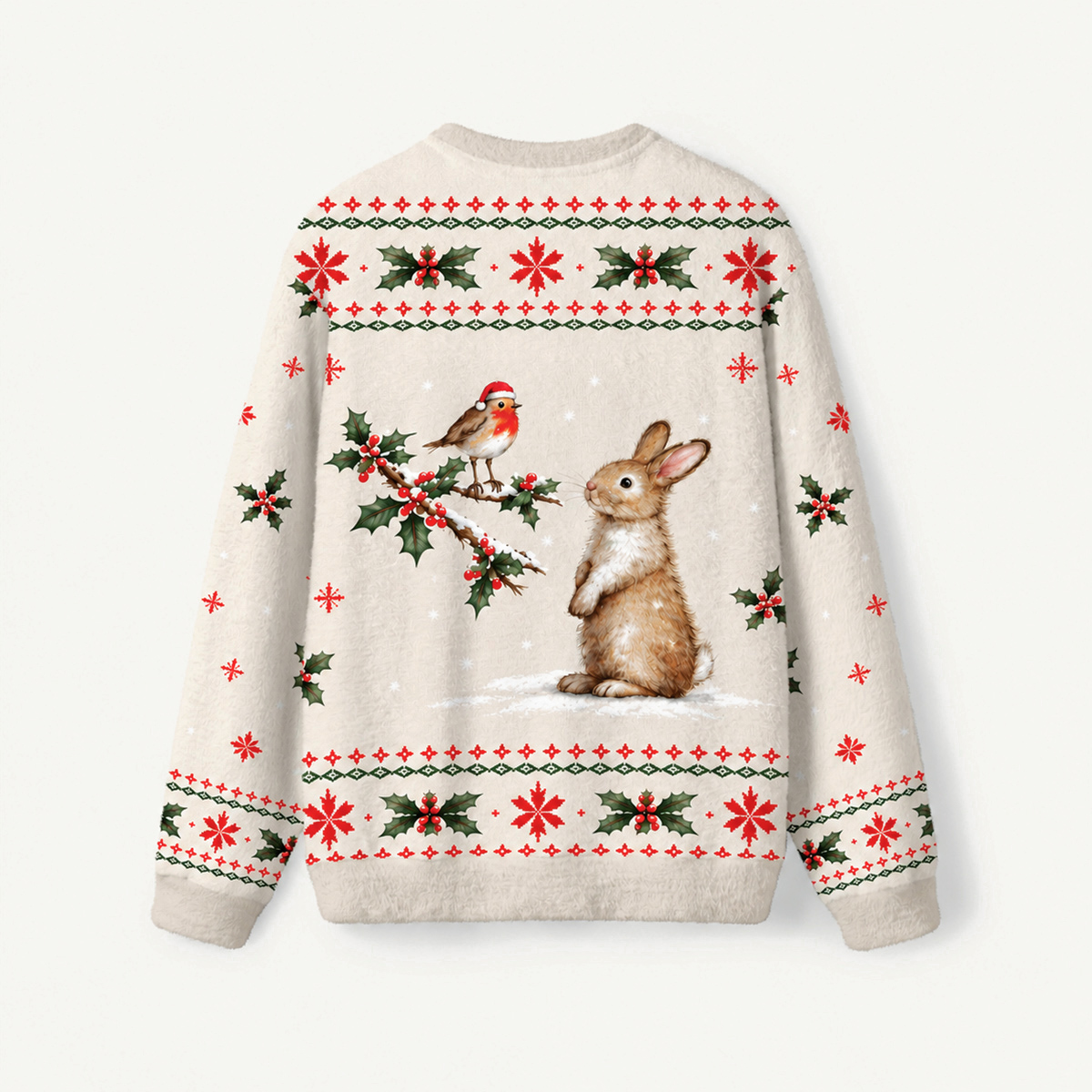 Christmas Robin & Bunny Fuzzy Crewneck Sweater