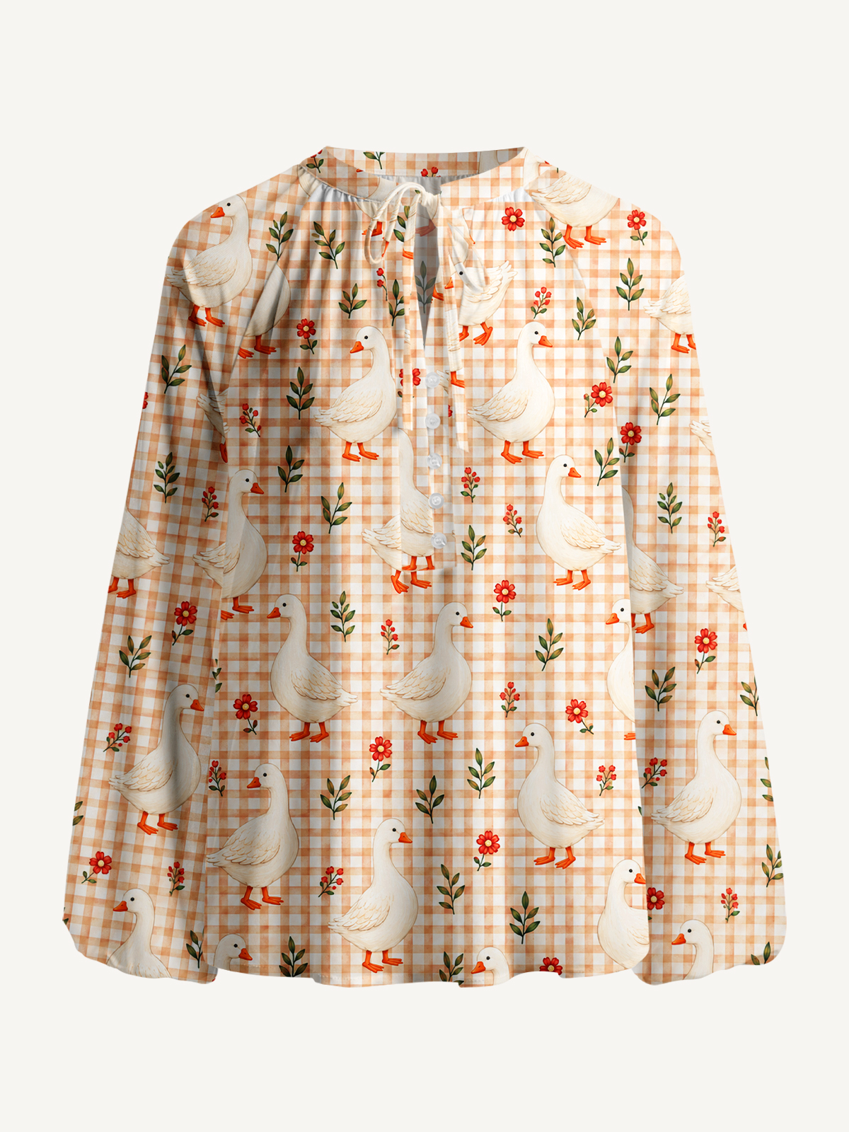 Country Gingham Garden GeesePrint Boho Long Sleeve Tie‑Neck Blouse
