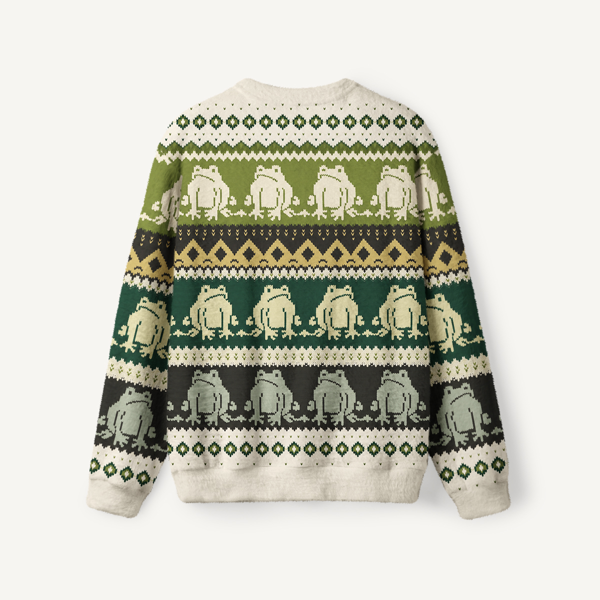Vintage Frog Geometric Folk Fuzzy Crewneck Sweater