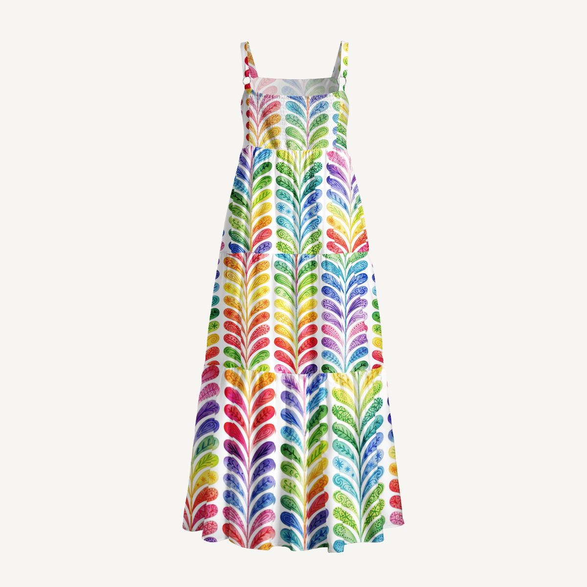 Rainbow Feather Stripes Print Quilt Wide Straps Maxi Dress With Pockets