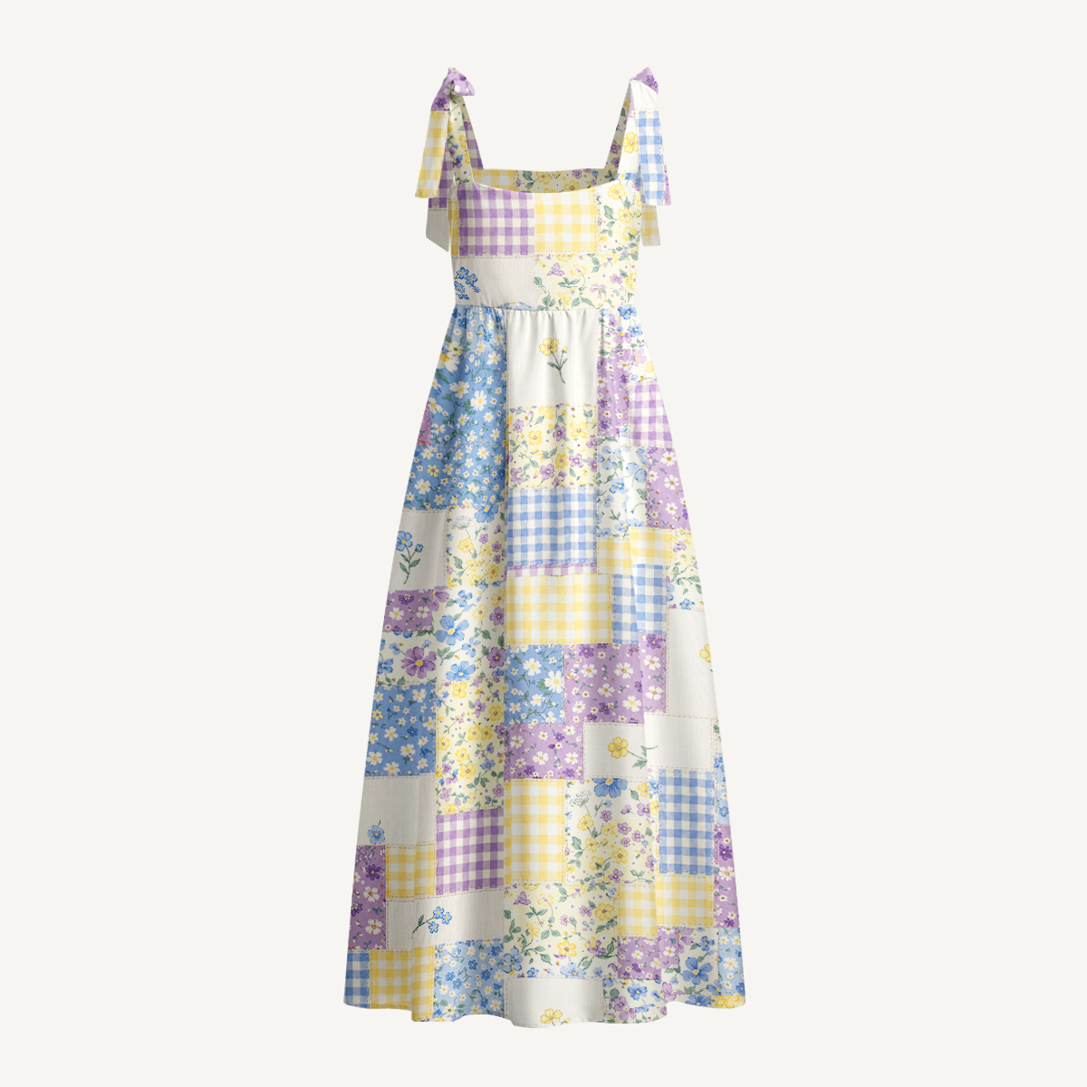 Floral Meadow Patchwork Print Bow Strap Maxi Dress With Pockets