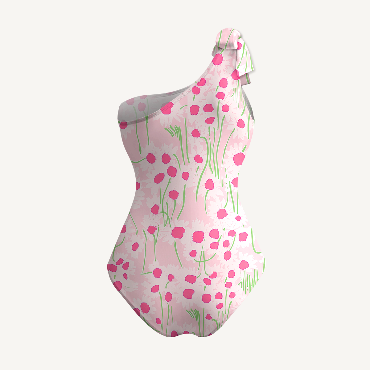 Pink Daisy One Shoulder One Piece Swimsuit and Matching Sarong Set for Women