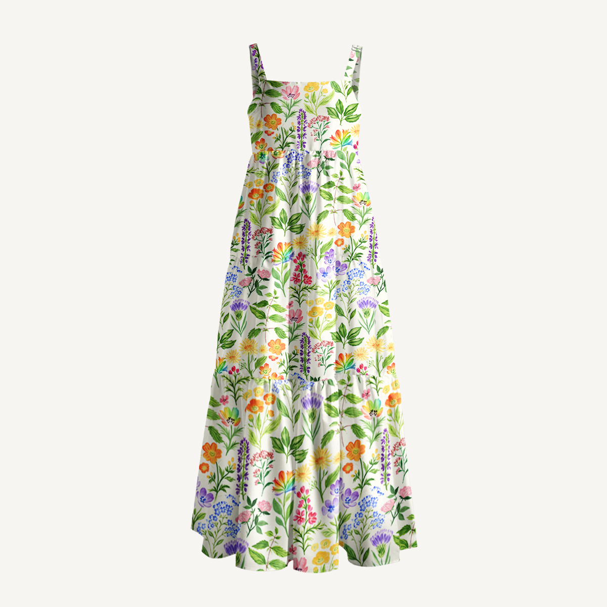 Colorful Wildflower Meadow Print Quilt Wide Straps Maxi Dress With Pockets
