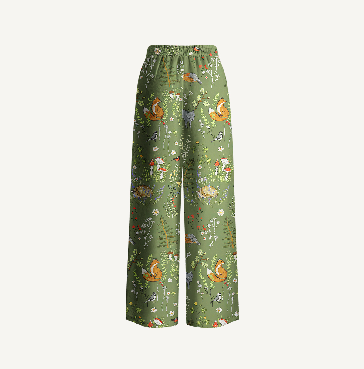 Whimsical Woodland Animals  Print Wide Leg Tie Waist Pants With Pockets