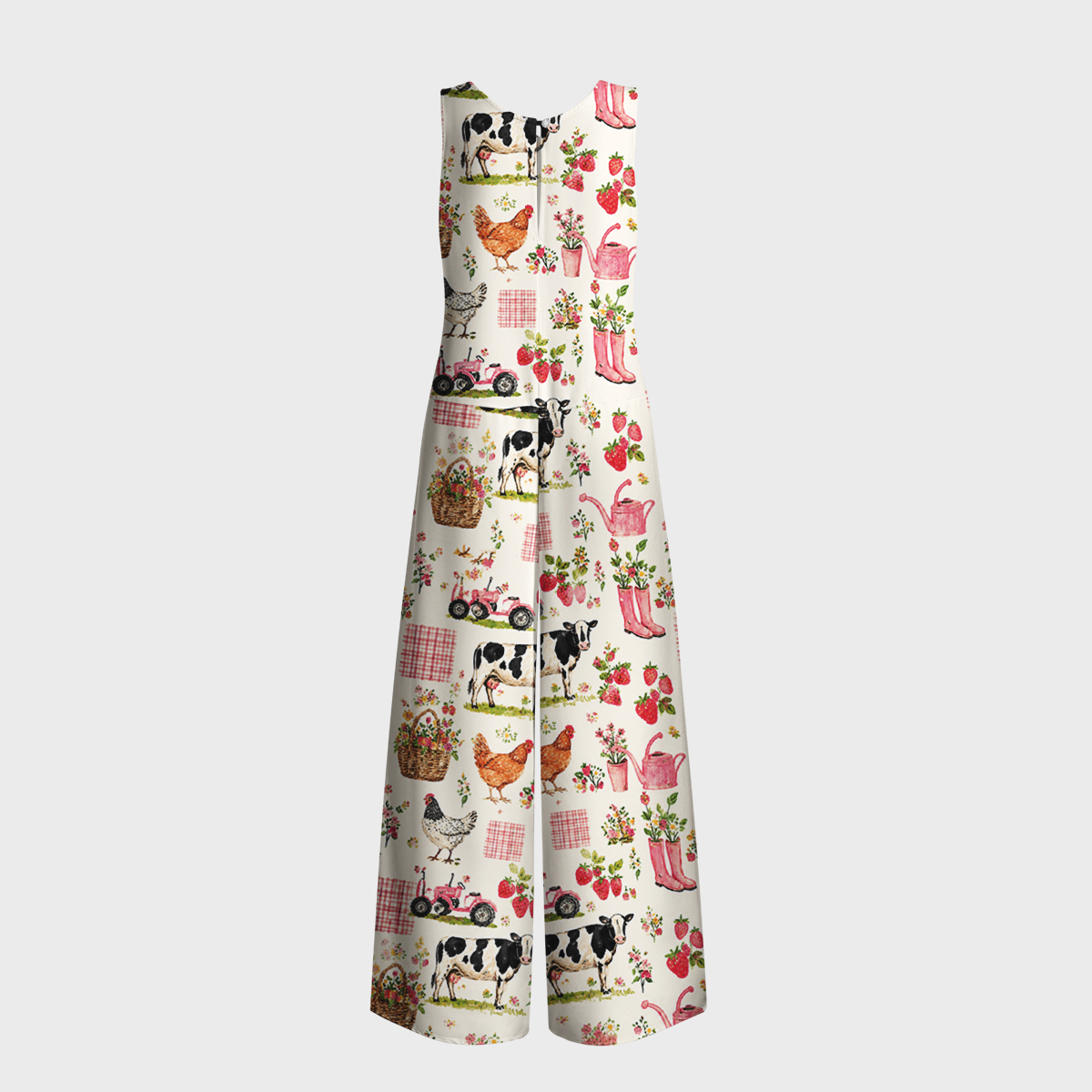 Watercolor Pink Farm Chicken Print Jumpsuit with Pockets for Women