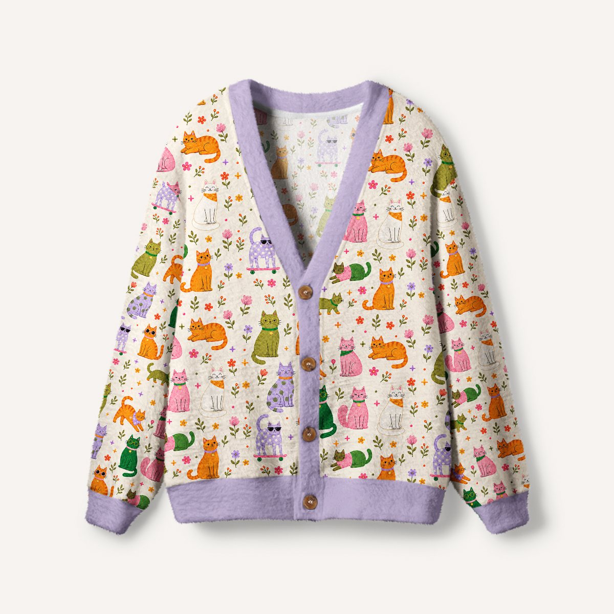 Whimsical Cat & Garden Blooms Print Ugly Cardigan Sweaters