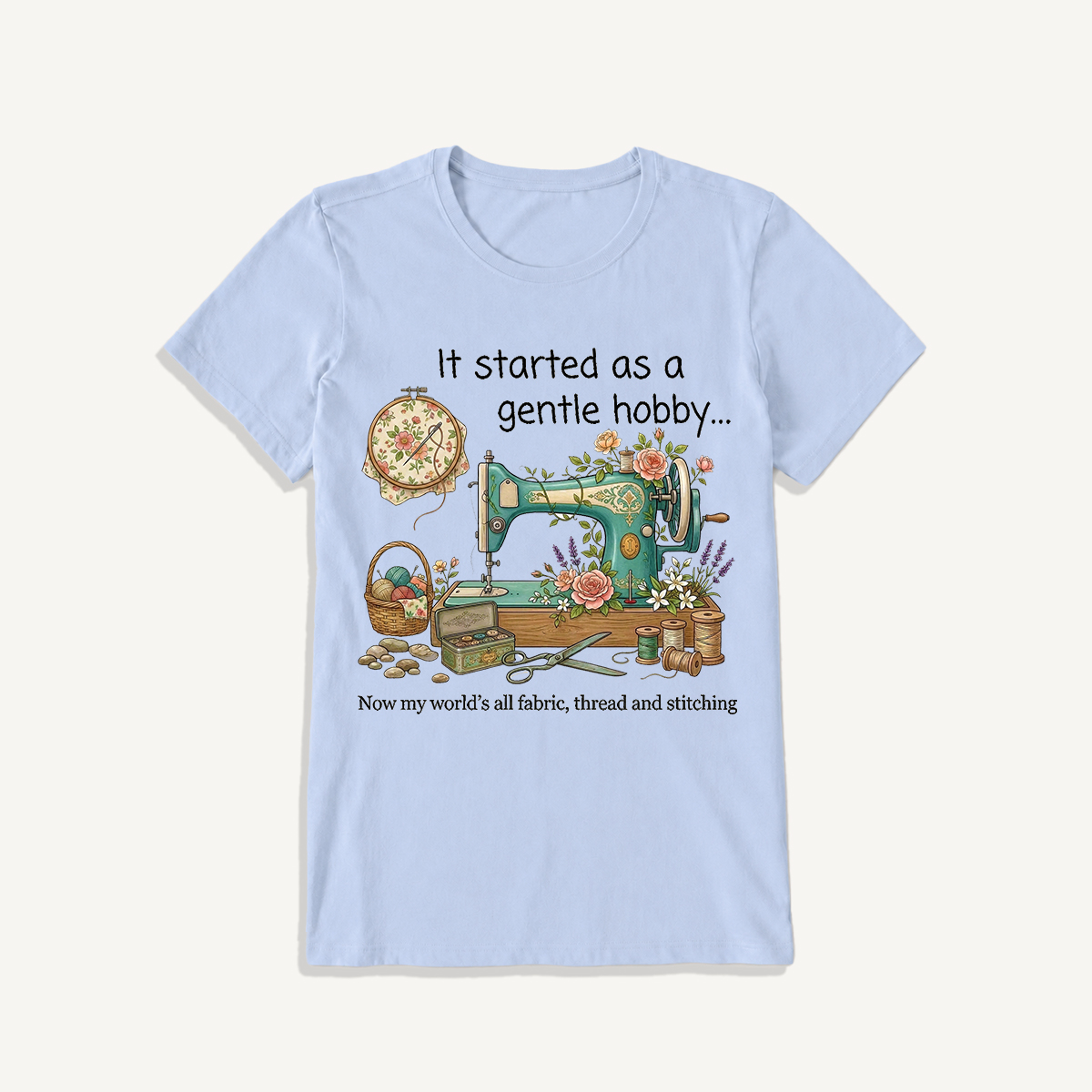Gentle Hobby Floral Sewing Print Crew Neck Cotton Tee