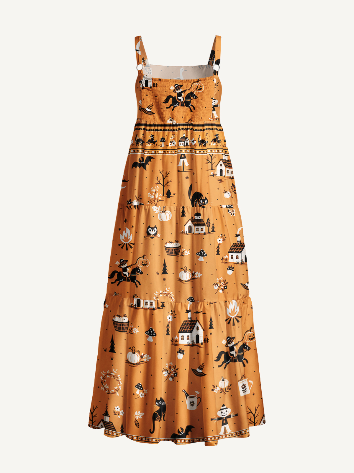 Moonlit Halloween Village Story Print Wide Straps Maxi Dress With Pockets