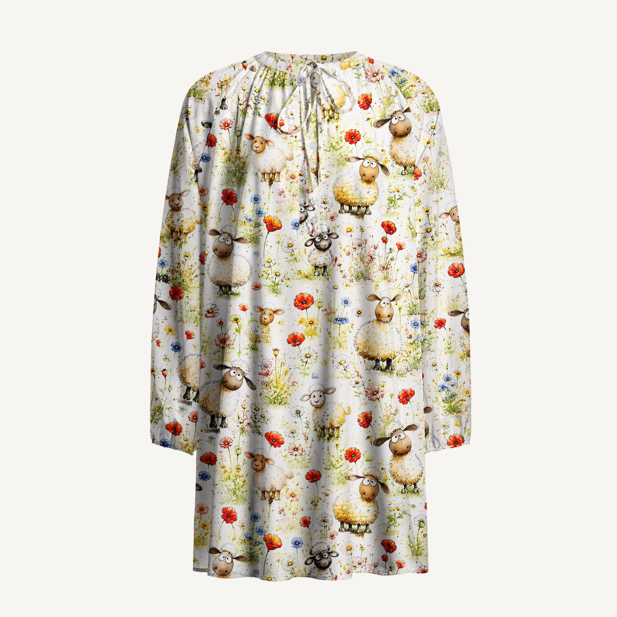 Whimsical Sheep Clipart Print Boho Tie‑Neck Smock Mini Dress