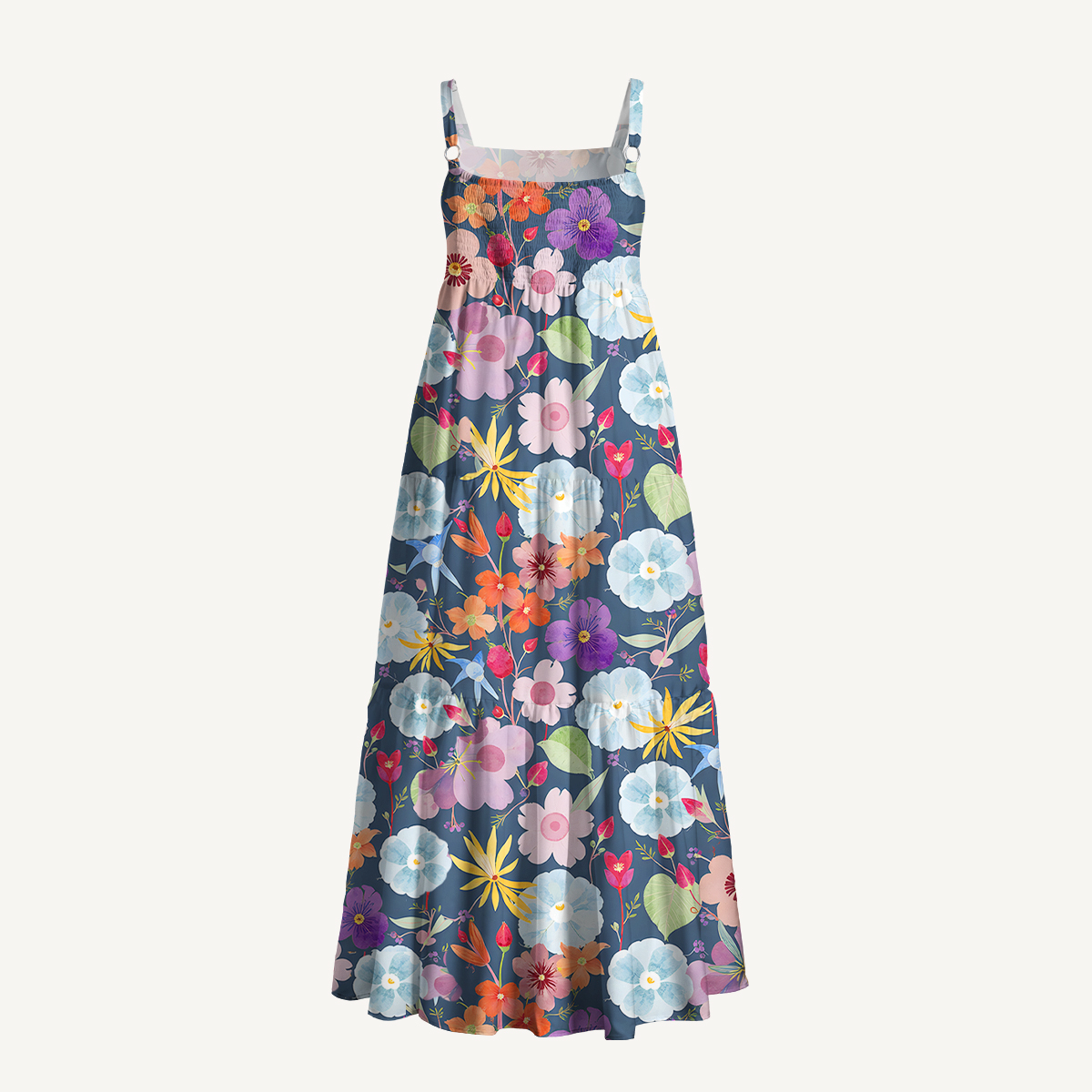 Vibrant Watercolor Bloom Print Wide Straps Maxi Dress With Pockets