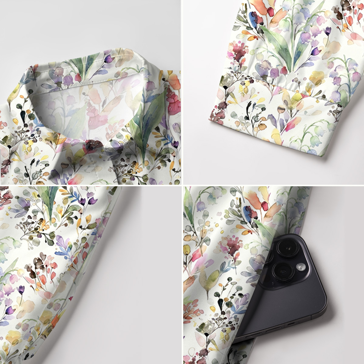 V Neck Collared Watercolor Wildflower Garden Mini Dress For Women With Pockets