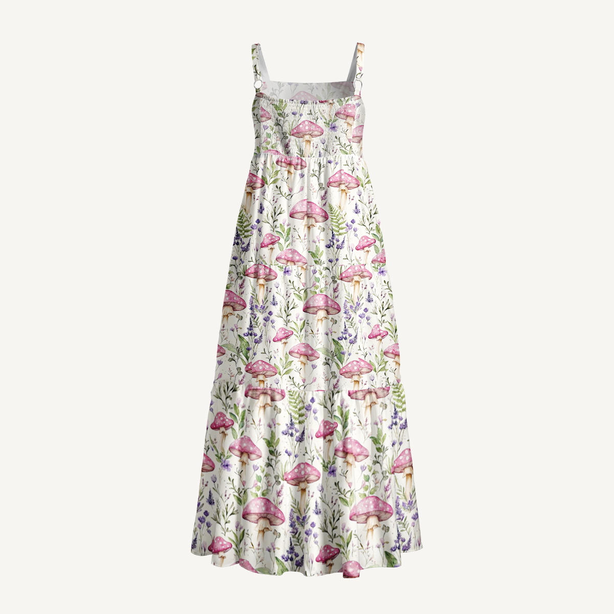 Mushroom Leaves Print Wide Straps Maxi Dress With Pockets